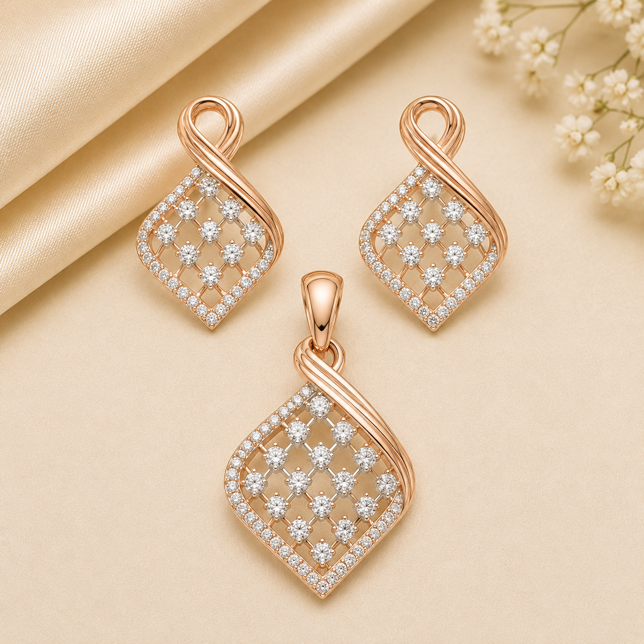 rose-gold-diamond-lattice-pendant-set
